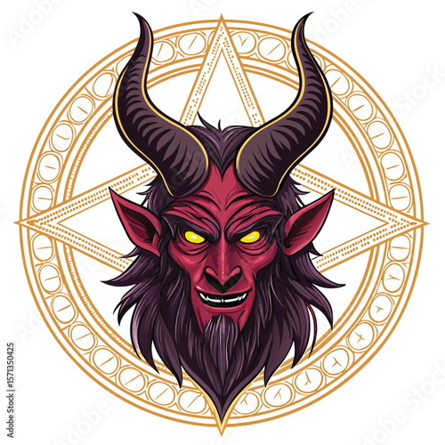 Sinister horned demon with glowing eyes, surrounded by arcane runes.