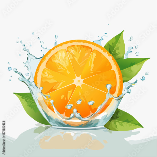 水しぶきをあげる半切りのオレンジ　水彩画風	