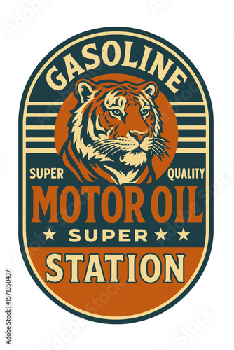 A striking vintage emblem featuring a fierce tiger, perfect for a classic gasoline and motor oil station. Modern flat vector sticker label with icon and badge style, transparent background