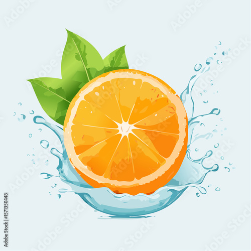 水しぶきをあげる半切りのオレンジ　水彩画風	