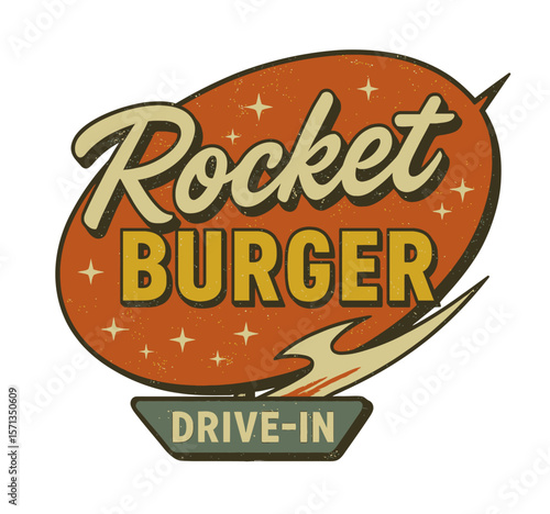 Vintage Rocket Burger sign, a classic retro design for drive-in restaurants. Modern flat vector sticker label with icon and badge style, transparent background