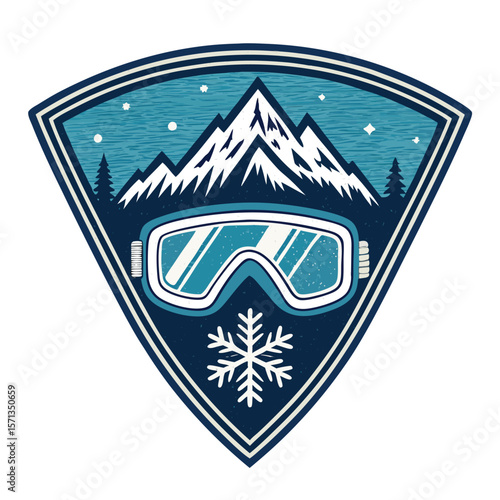 Snowy alpine mountain scene, featuring ski goggles and snowflakes.