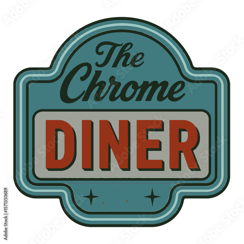 Vintage diner sign featuring the words 'The Chrome Diner' in bold, eye-catching lettering. Modern flat vector sticker label with icon and badge style, transparent background