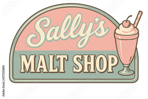 A charming retro sign announces Sally's Malt Shop with a classic milkshake. Modern flat vector sticker label with icon and badge style, transparent background