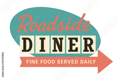 The roadside diner sign showcases a retro, classic design, perfect for a restaurant. Modern flat vector sticker label with icon and badge style, transparent background
