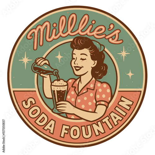 This charming vintage illustration shows a woman pouring soda into a glass at Millie's Soda Fountain. Modern flat vector sticker label with icon and badge style, transparent background