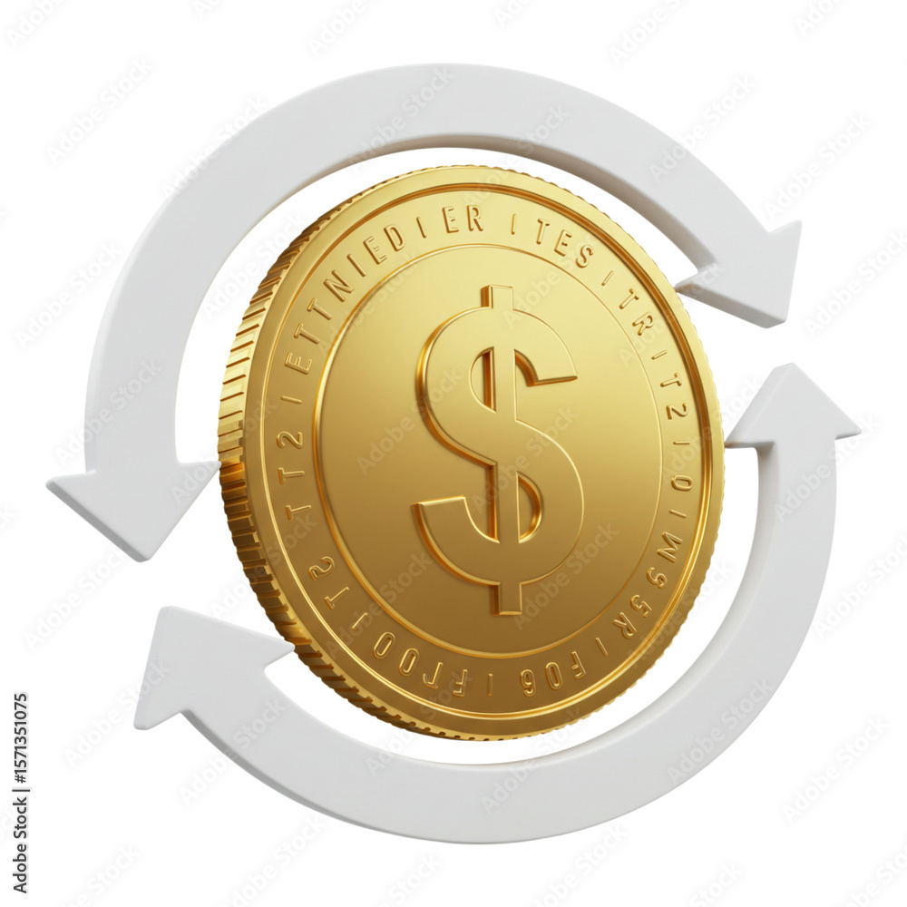Gold coin with dollar sign and circular arrows representing exchange isolated on transparent background Gold coin with dollar sign and circular arrows representing exchange isolated on transparent background