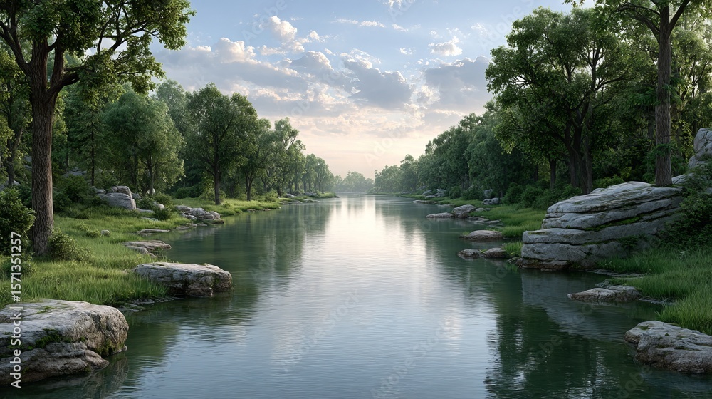 Naklejka premium Serene sunset reflection on a quiet river bend surrounded by trees nature and mountains