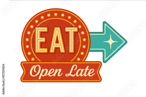 A vibrant retro diner sign that advertises eat and open late. Modern flat vector sticker label with icon and badge style, transparent background