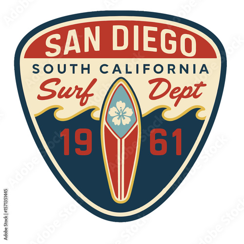 A vintage San Diego surf dept. patch with a retro design and colors, perfect for surfing enthusiasts. Modern flat vector sticker label with icon and badge style, transparent background