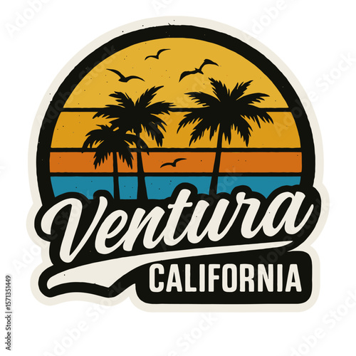 A vintage Ventura, California, design showcases a coastal sunset scene with palm trees. Modern flat vector sticker label with icon and badge style, transparent background