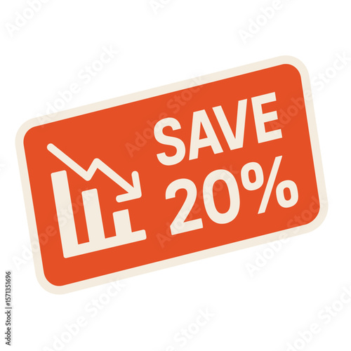 A bright orange sticker announces a 20% sale with a financial downturn graphic. Modern flat vector sticker label with icon and badge style, transparent background