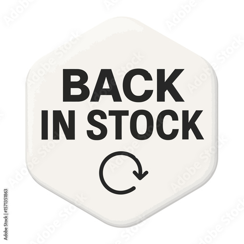 The 'Back in Stock' graphic is a clear message of product availability with a refresh icon. Modern flat vector sticker label with icon and badge style, transparent background