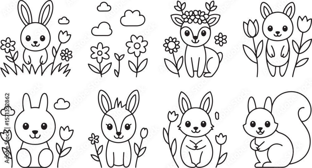 Fototapeta premium Cute bunnies deer and squirrel with flowers and clouds bunny rabbit