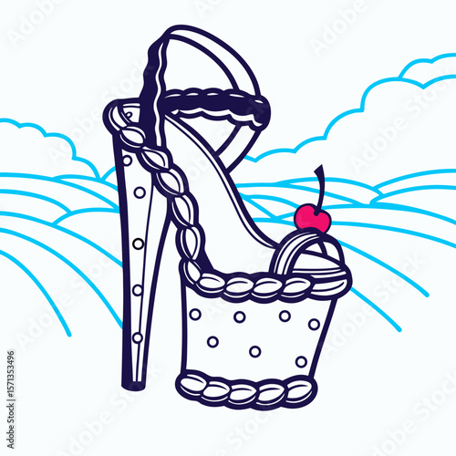 High Heel Shoe with Cherry Design in Pastoral Landscape