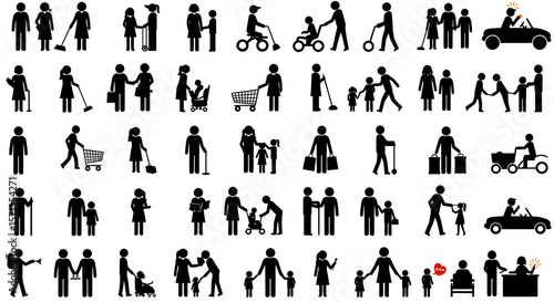 Diverse people icons represent various activities and stages of life in a simple silhouette style offering visual clarity