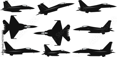 Sleek fighter jet silhouettes show aerial might and modern military aviation power, a collection of formidable aircraft shapes in flight.