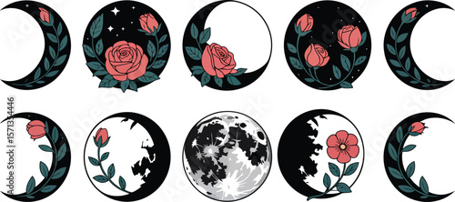 Celestial floral crescent moons and full moon illustrations phases