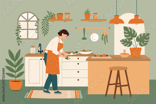 Vector illustration of a warm, inviting kitchen interior. A person chops vegetables. Kitchen, cooking, food.