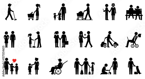 Graphic illustration featuring family, couple, and community silhouettes in black and white, showcasing diverse human interactions and life stages.