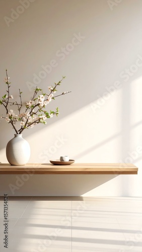 Minimal Japandi Interior with Floating Shelf and Vase. Minimalist decor with flowers in natural light.