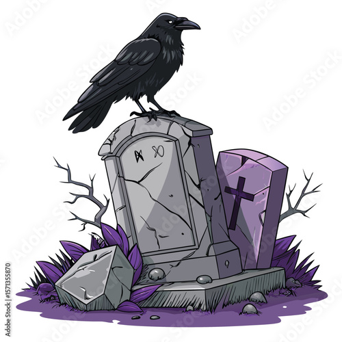 A black raven sits atop a broken tombstone, evoking a somber mood.