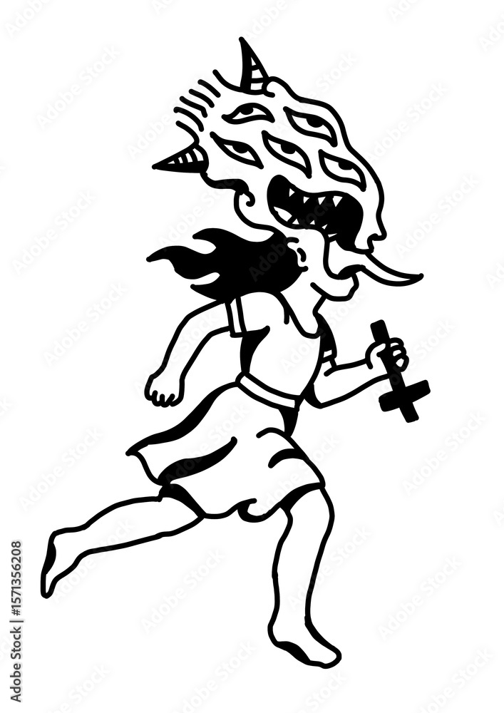 Fototapeta premium Woman with monster head running, holding a cross
