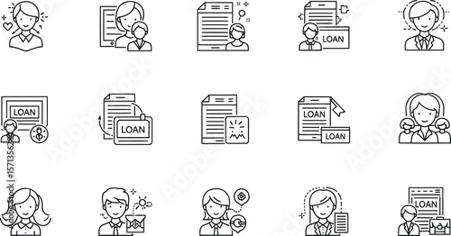 Collection of loan and finance related icons in outline style on white background