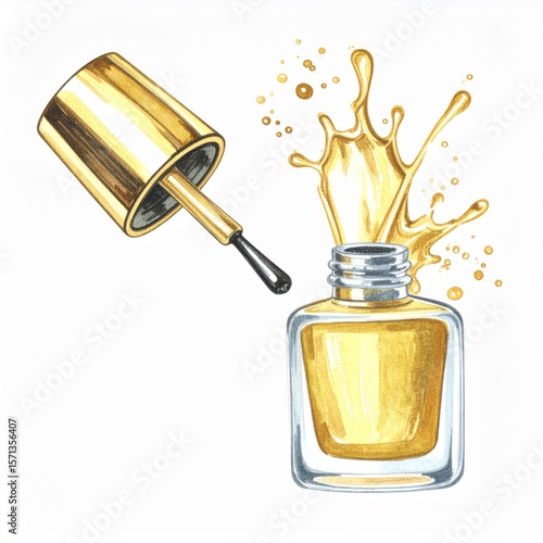 Gold Nail Polish Splash: Watercolor Illustration