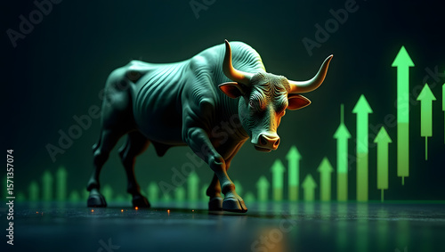 A glowing bull symbolizes market growth and strength, standing confidently amidst rising charts and green signals.