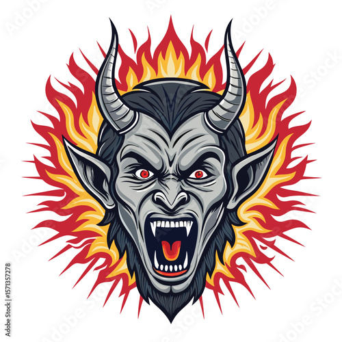 Gargoyle face screams, haloed by fire. Gray stone image.