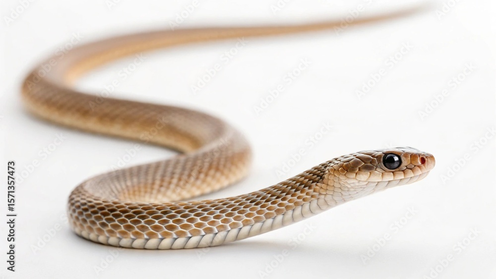 Naklejka premium A slender garter snake, identifiable by its distinctive stripes, gracefully glides across a clean white background, showcasing its natural patterns. Perfect for themes of backyard wildlife