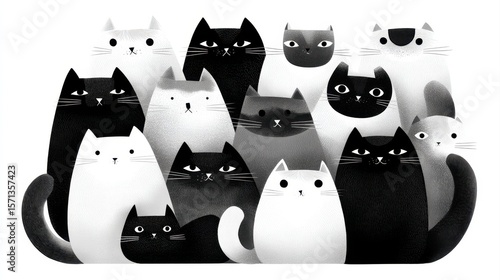 A group of black and white cats sitting together, illustrated in a minimalist, cartoon style.