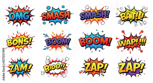 Colorful comic book style sound effects vector illustration for graphic design and posters