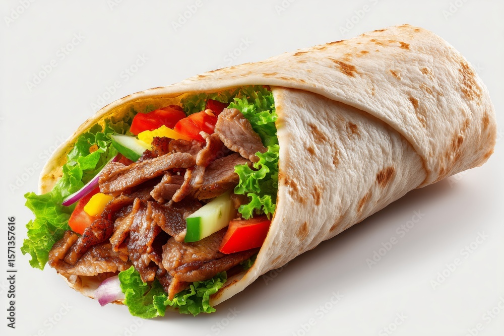 Delicious shawarma wrap filled with tender meat and fresh vegetables displayed on a clean white background Delicious shawarma wrap filled with tender meat and fresh vegetables displayed on a clean white background
