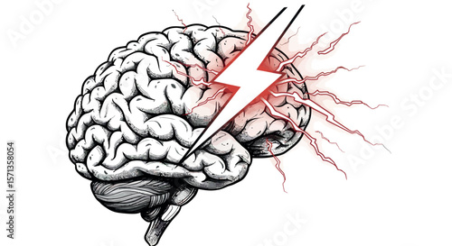 Lightning bolt striking brain vector illustration for neurological concepts and medical design