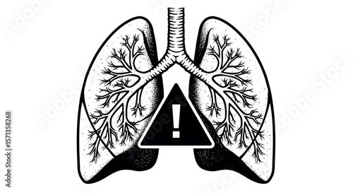 Anatomical human lungs with warning sign vector illustration for medical awareness design