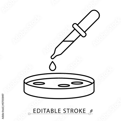 A sample drop icon in minimalist style with editable stroke. Laboratory pipette, petri dish, liquid test, clinical specimen, medical analysis, biology research, outline object, vector illustration.