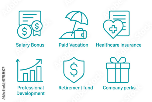 Corporate benefits vector illustration set in neon style for workplace incentives
