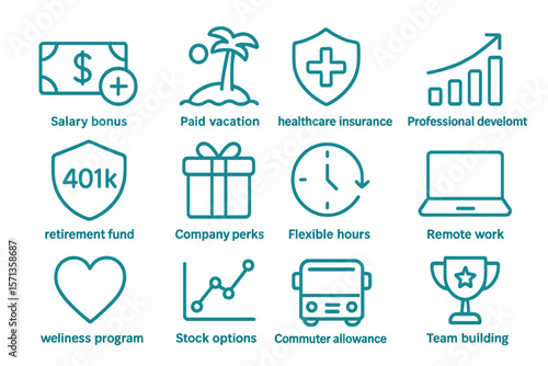 Corporate benefits vector illustration - flat design icons for professional development and employee perks