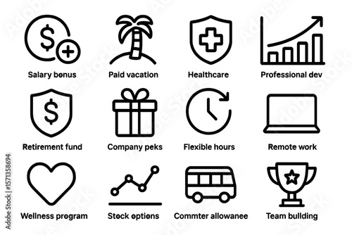 Employee benefits vector illustration: bonus, vacation, healthcare, and more in modern line style