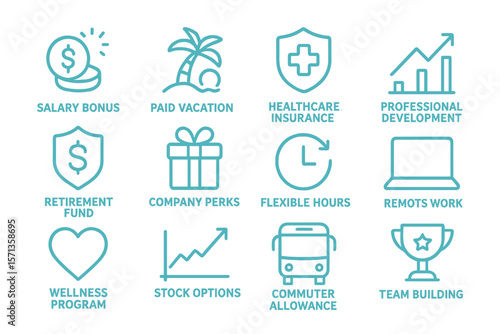 Neon style vector illustration of employee benefits icons for professional development and wellness programs