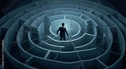 Business challenge concept vector illustration - man in dark maze with chains, symbolizing complexity and decision making