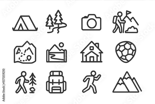 Outdoor adventure icons vector illustration in minimalist line art style for travel and hiking designs