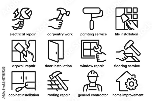 Line vector illustration of home improvement and repair services icons for design and print