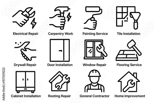 Home improvement and repair icon set vector illustration - line style design for painting, carpentry, and more