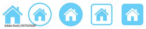 Set of blue home icons in various styles. Solid, outline, round and square formats. Ideal for UI/UX design, real estate apps, dashboards, websites, and mobile navigation. Isolated vector illustration.