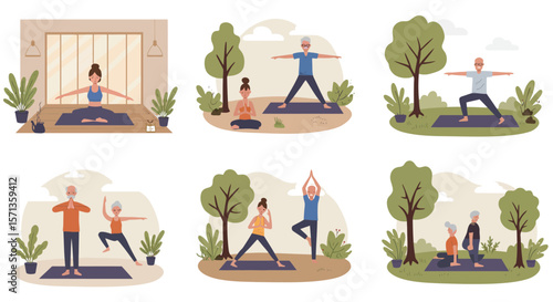 Yoga exercise and meditation for all ages, vector illustration for wellness and fitness poster, hand drawn style