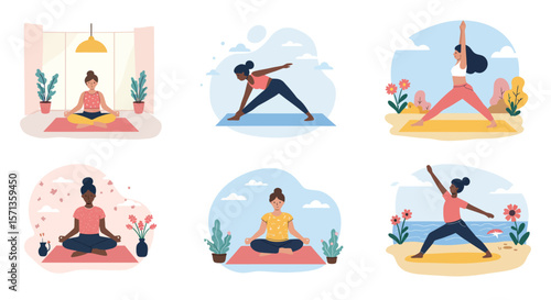 Diverse women practicing yoga and meditation vector illustration for wellness and relaxation designs