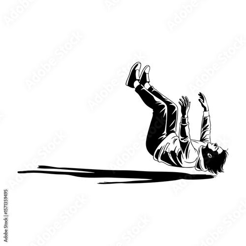 Minimalist black and white illustration of a man falling in midair